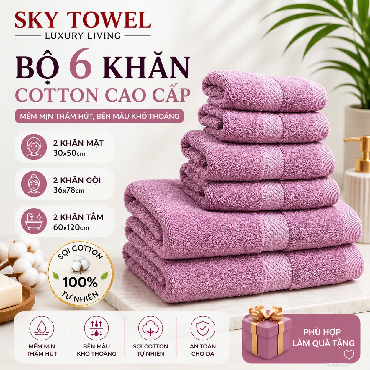 BỘ 6 KHĂN COTTON CAO CẤP DÙNG TRONG GIA ĐÌNH, KHÁCH SẠN, LÀM QUÀ TẶNG