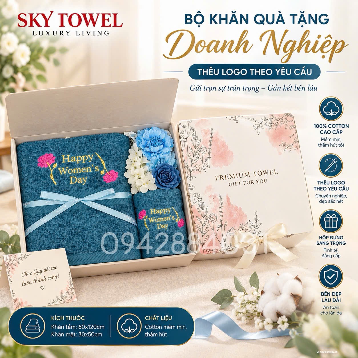 BỘ KHĂN QUÀ TẶNG THÊU HAPPY WOMEN'S DAY - QUÀ TẶNG PHỤ NỮ
