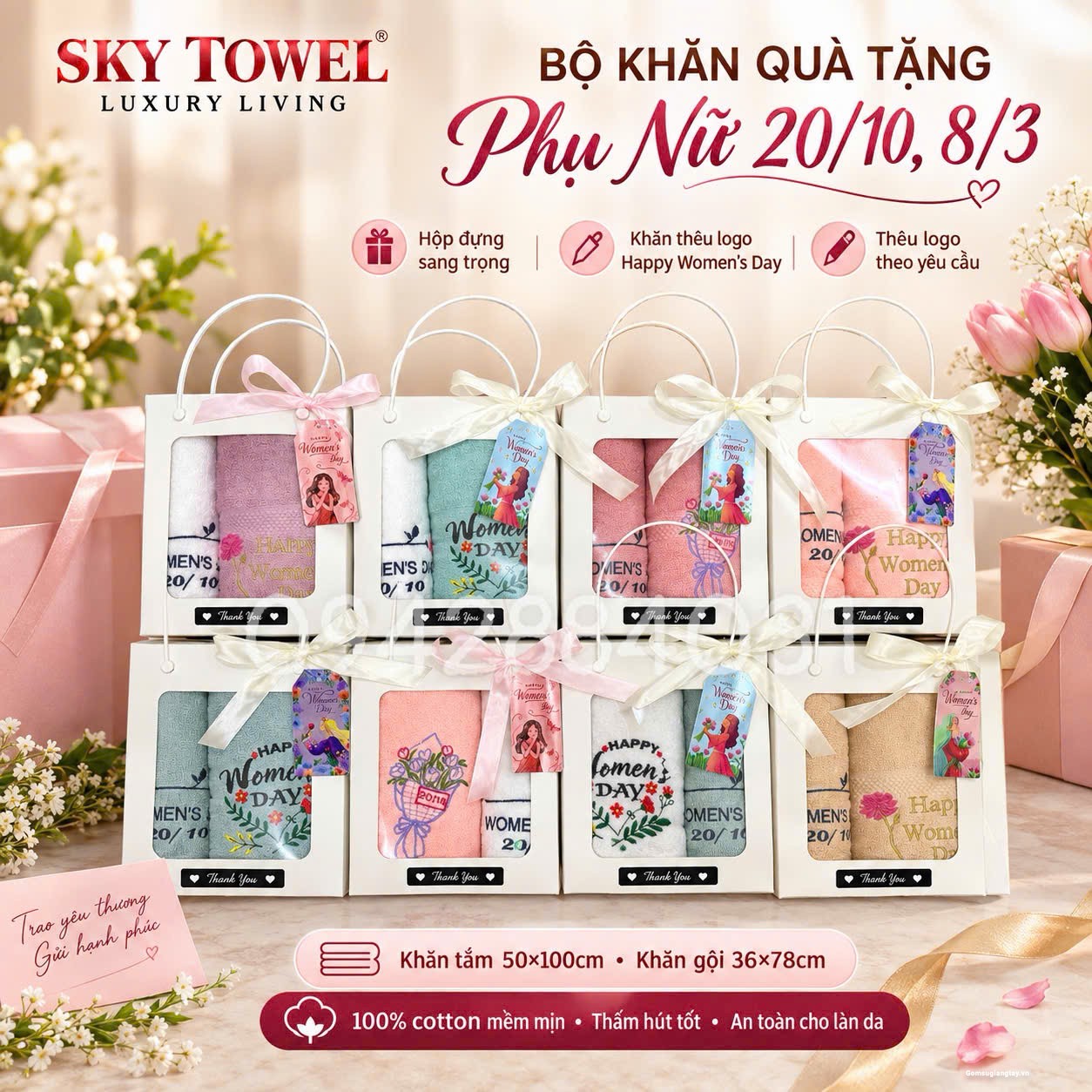 HỘP KHĂN QUÀ TẶNG SANG TRỌNG THÊU HAPPY WOMEN'S DAY LÀM QUÀ TẶNG PHỤ NỮ