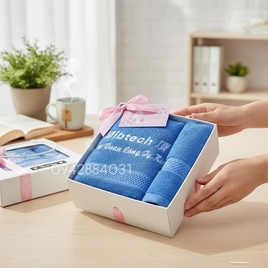 HỘP KHĂN QUÀ TẶNG PHỤ NỮ 8/3, 20/10 THÊU LOGO CÔNG TY 
