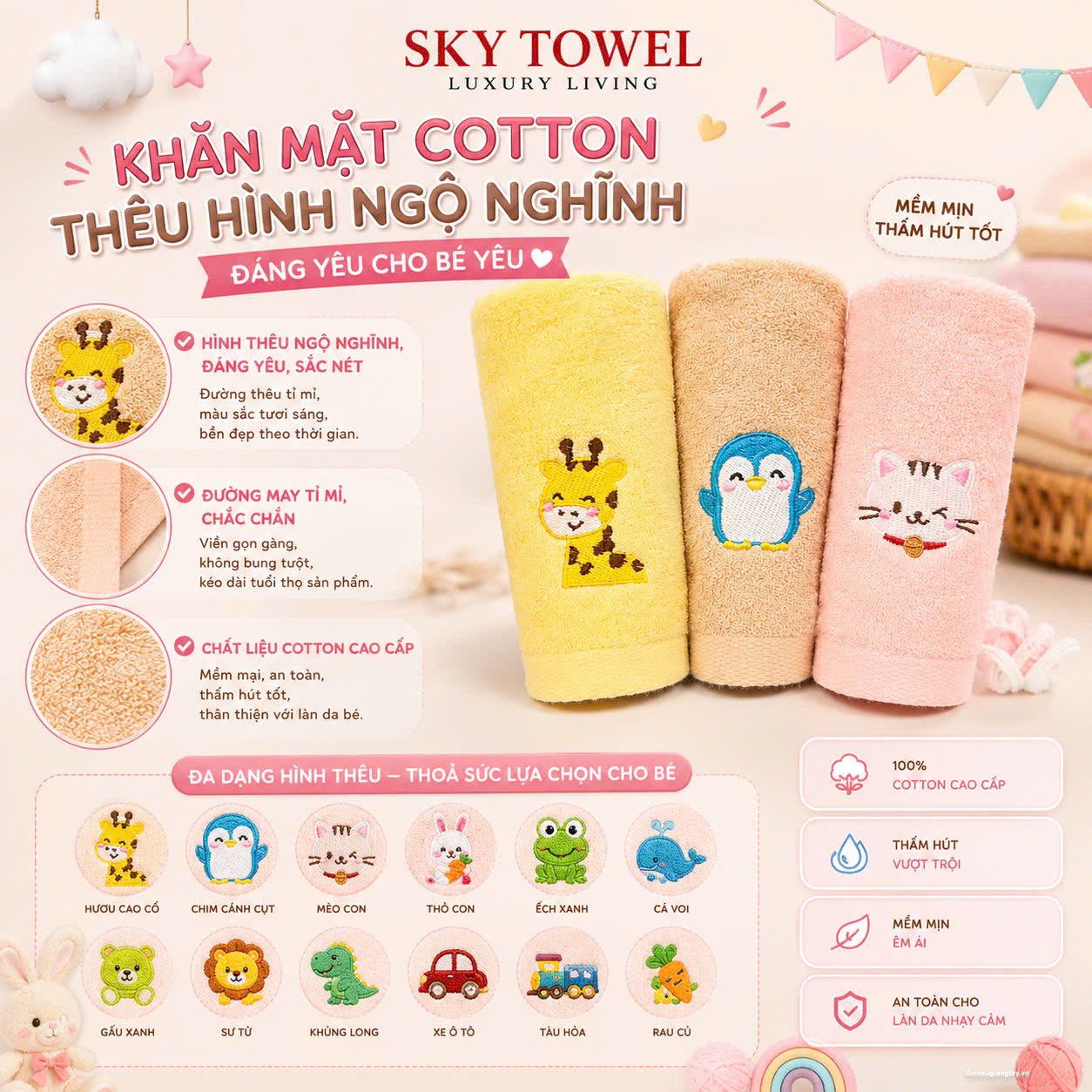 KHĂN MẶT TRẺ EM CAO CẤP 100% SỢI COTTON OGANIC 