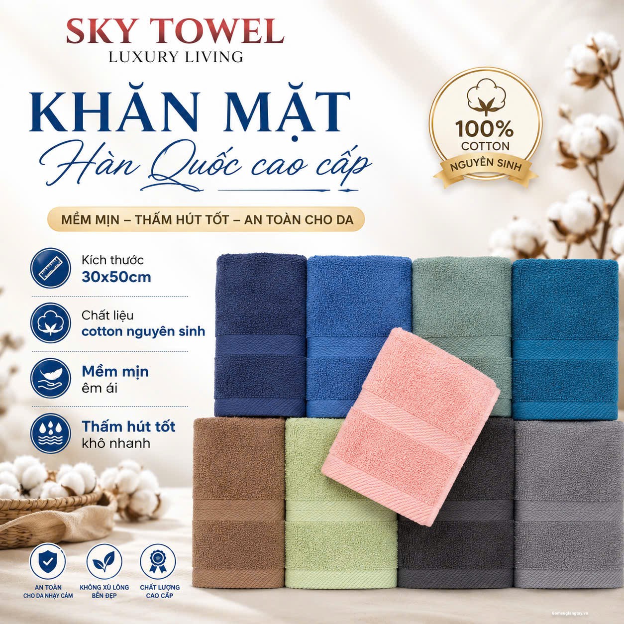 KHĂN MẶT COTTON HÀN QUỐC MỀM MỊN, AN TOÀN DỊU NHẸ LÀN DA 