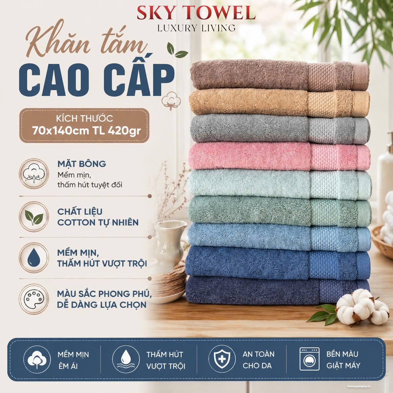 KHĂN TẮM COTTON OGANIC CAO CẤP SIÊU MỀM MỊN, THẤM HÚT TUYỆT ĐỐI - KÍCH THƯỚC 70X140CM